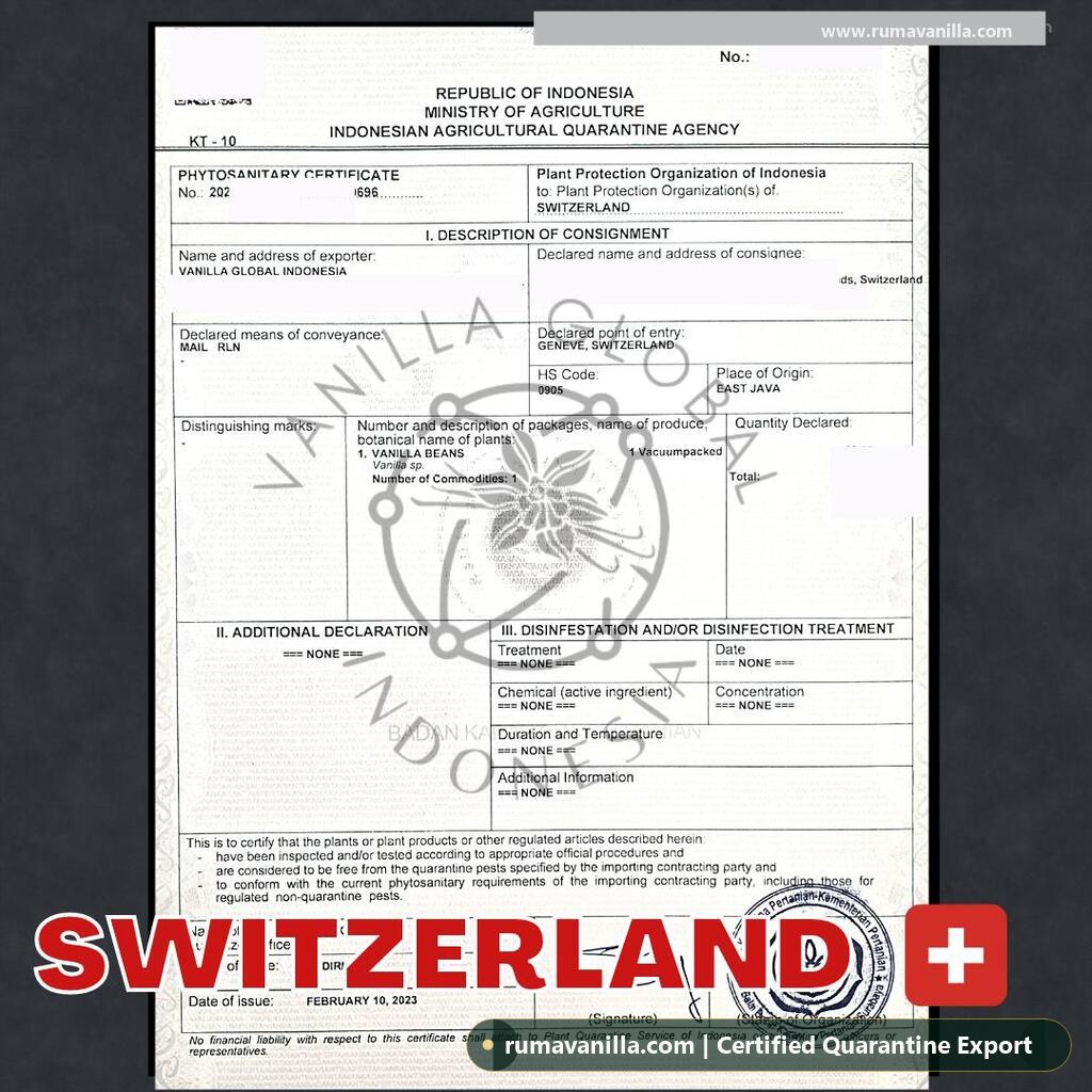 Official Indonesian Quarantine Phytosanitary Certificate for Switzerland